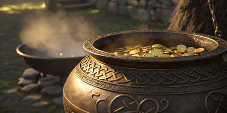 A bronze pot filled with gold coins, hanging outdoors at sunset.  Celtic knotwork adorns the pot.の写真素材