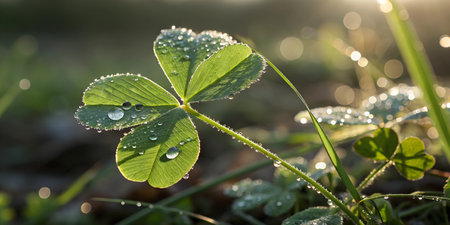 Close-up shot of a clover leaf covered in morning dew, backlit by sunlight.