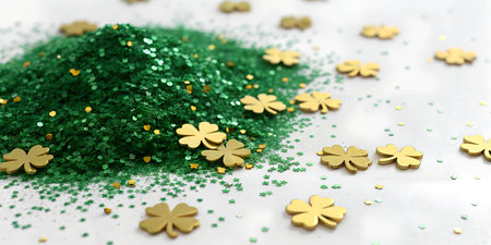 Pile of green glitter with scattered golden clovers. Festive background for St. Patrick's Day.の写真素材