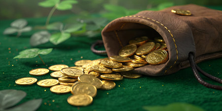 A brown leather pouch spills gold coins onto a green surface. Green leaves are visible in the...