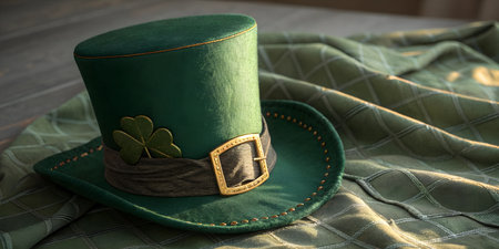 A festive green leprechaun hat with a gold buckle and shamrock sits on a textured green fabric.の写真素材
