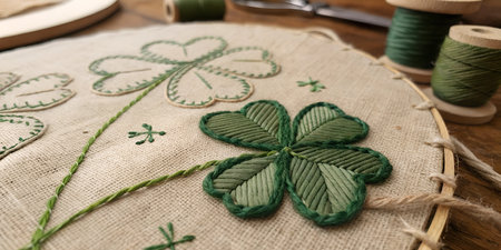 Close-up of a hand-embroidered clover design on burlap fabric. Green thread, wooden hoop, and spools...