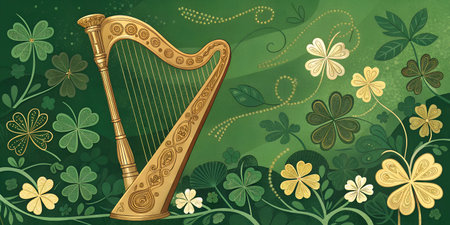 Ornate golden harp nestled amongst stylized shamrocks on a green background.  St. Patrick's Day imagery.の写真素材