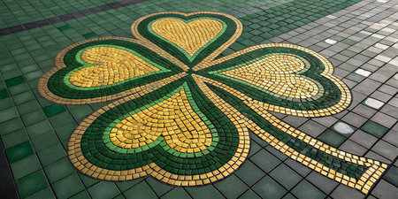 A mosaic of a shamrock made from green and gold tiles on a green floor.