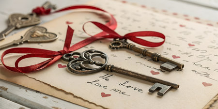 Antique keys with red ribbons on a vintage love letter.  Romantic and nostalgic.