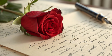 A red rose rests on an old love letter, with a fountain pen nearby. The image evokes romance and nostalgia.の写真素材