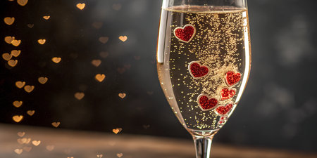 Close-up of a champagne flute with red hearts, sparkling against a dark background with bokeh hearts.の写真素材