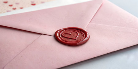 Close-up of a pink envelope sealed with a red wax stamp featuring a heart.