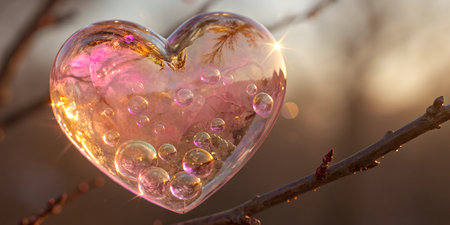 A heart-shaped bubble with smaller bubbles inside, reflecting a sunset and trees.  It hangs from a tree branch.の写真素材
