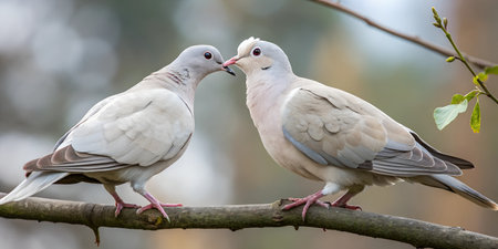 Two collared doves perched on a branch, heads touching in a tender moment. Soft, natural light enhances the image.の写真素材