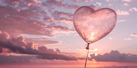 A transparent heart-shaped balloon floats against a vibrant sunset sky, creating a romantic and...