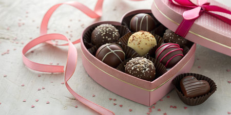 A pink heart-shaped box filled with assorted gourmet chocolates, decorated with pink ribbon and...
