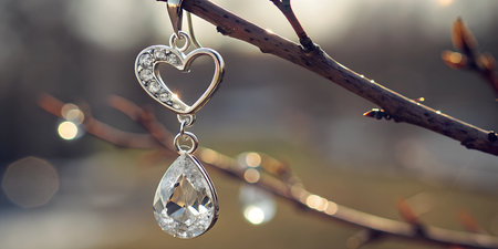 Silver heart pendant with clear crystals hanging from a tree branch. Soft, natural light.の写真素材