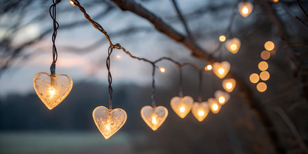 String of heart-shaped lights illuminate tree branches at dusk. Warm, romantic lighting creates a cozy atmosphere.の写真素材