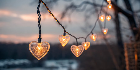 String of heart-shaped lights glowing at sunset. Romantic and warm atmosphere. Perfect for Valentine's Day or wedding.の写真素材