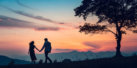 Silhouette of a couple holding hands walking towards a scenic sunset view with mountains and tree.の写真素材