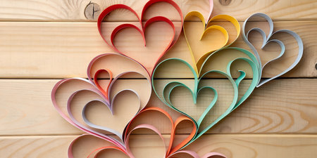 Colorful paper hearts arranged on a light wood background.  Perfect for Valentine's Day or...