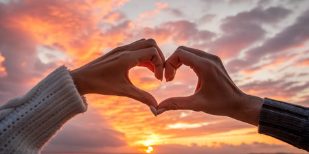 Two hands forming a heart shape against a vibrant sunset backdrop.  Romantic and peaceful.の写真素材