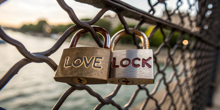 Two love locks attached to a bridge fence with a blurry background.  The locks say LOVE and LOCK.