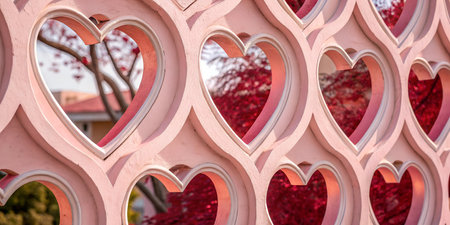 Close-up of a pink wall with heart-shaped cutouts, with a blurry background of red leaves and trees.の写真素材