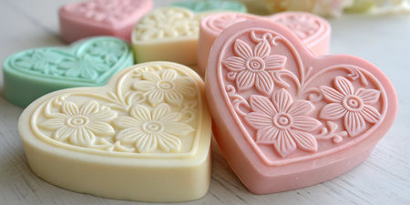 Assortment of pastel heart shaped soaps with floral embossed details.  Perfect for gifts or self-care.の写真素材