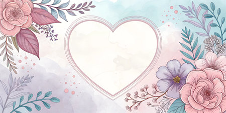 Watercolor styled floral heart frame with pastel flowers and leaves. Perfect for wedding invitations or romantic designs.の写真素材