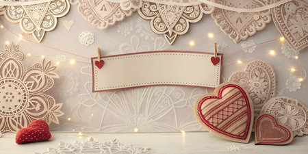 White lace hearts and doilies with string lights and blank banner. Perfect for Valentine's Day or wedding.の写真素材
