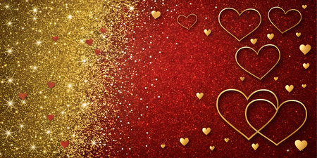 Red and gold glitter background with hearts. Perfect for Valentine's Day or romantic projects.の写真素材