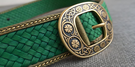 Close-up of a green woven leather belt with a detailed gold buckle featuring Celtic knotwork and clover motifs.の写真素材