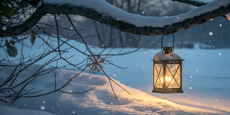 A lit lantern hangs from a snow-covered branch in a winter scene. Snowflakes fall gently.の写真素材