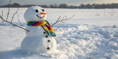 A cheerful snowman with a colorful scarf stands in a snowy field. Winter wonderland scene.の写真素材