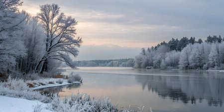 Picturesque winter landscape with snow-covered trees lining a frozen river at sunrise. Tranquil...