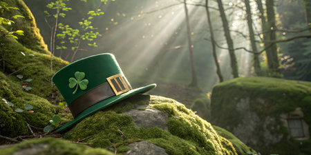 A green leprechaun hat sits on a moss-covered rock in a sun-dappled forest. Magical and mystical.の写真素材