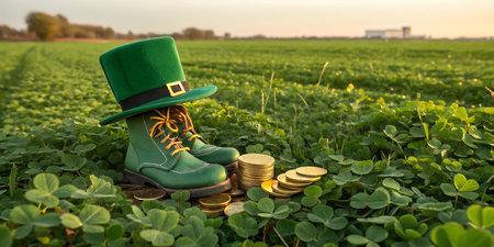 Green leprechaun boots with hat sitting on gold coins in a field of clover.