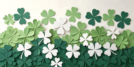 Green and white paper clovers arranged on a white background.  St. Patrick's Day concept.