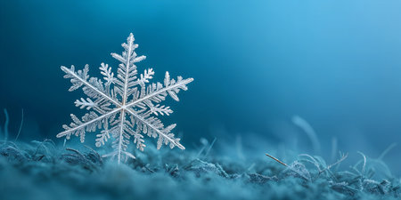 Macro shot of a single, detailed snowflake resting on a frosty surface against a teal background.の写真素材