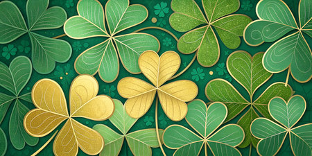 A St. Patrick's Day design featuring overlapping clovers with gold and green glitter textures.