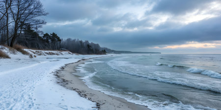 Waves gently roll onto a snow-covered beach as the sun rises, casting a soft glow on the winter landscape.の写真素材
