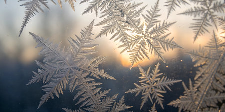 Intricate ice crystals formed on a window pane are illuminated by the warm glow of sunrise.の写真素材
