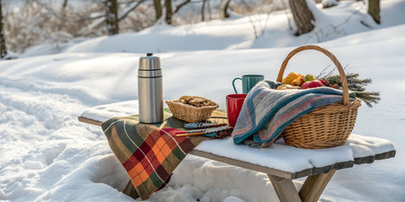 A cozy winter picnic scene with thermos, mugs, and a basket of food on a snow-covered bench in a tranquil winter forest.の写真素材