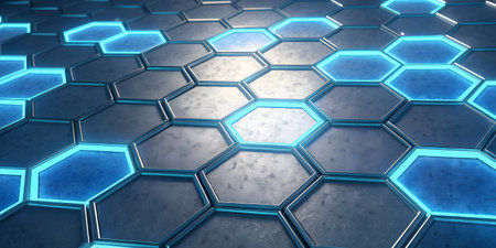 Blue glowing hexagons on a dark metallic background. Futuristic and technological concept. 3D...