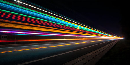 Long exposure shot of colorful light trails from vehicles on a highway at night. The image features...
