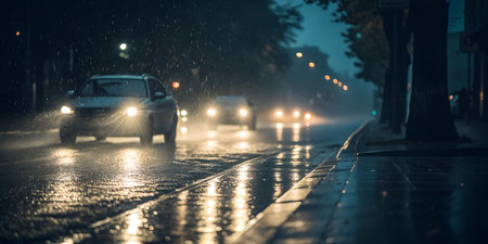 Cars driving on a rain-slicked city street at night.  Headlights reflect on the wet pavement.の写真素材