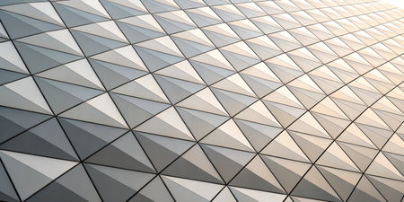Close-up view of a modern building's facade with a pattern of gray and beige triangular shapes.の写真素材