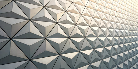 Close-up view of a modern building's geometric facade with gray and white triangular panels.