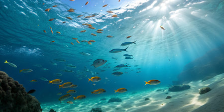 A vibrant underwater scene with colorful fish swimming above a sandy bottom and sunbeams shining through the water.の写真素材