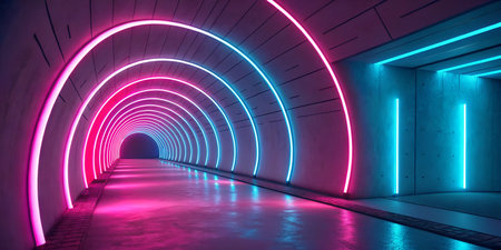 Pink and blue neon lights illuminate a futuristic tunnel. Abstract architecture with glowing lines.の写真素材
