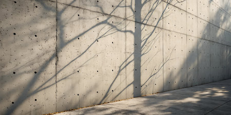 A tree's shadow is cast on a textured concrete wall, creating a minimalist, architectural scene.の写真素材
