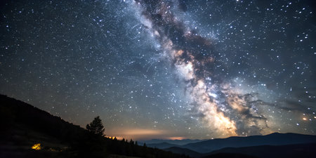 Majestic Milky Way galaxy stretches across a dark night sky above a silhouetted mountain range.