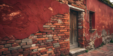 A rustic image of an old building's exterior with a weathered red brick wall, a wooden door, and...